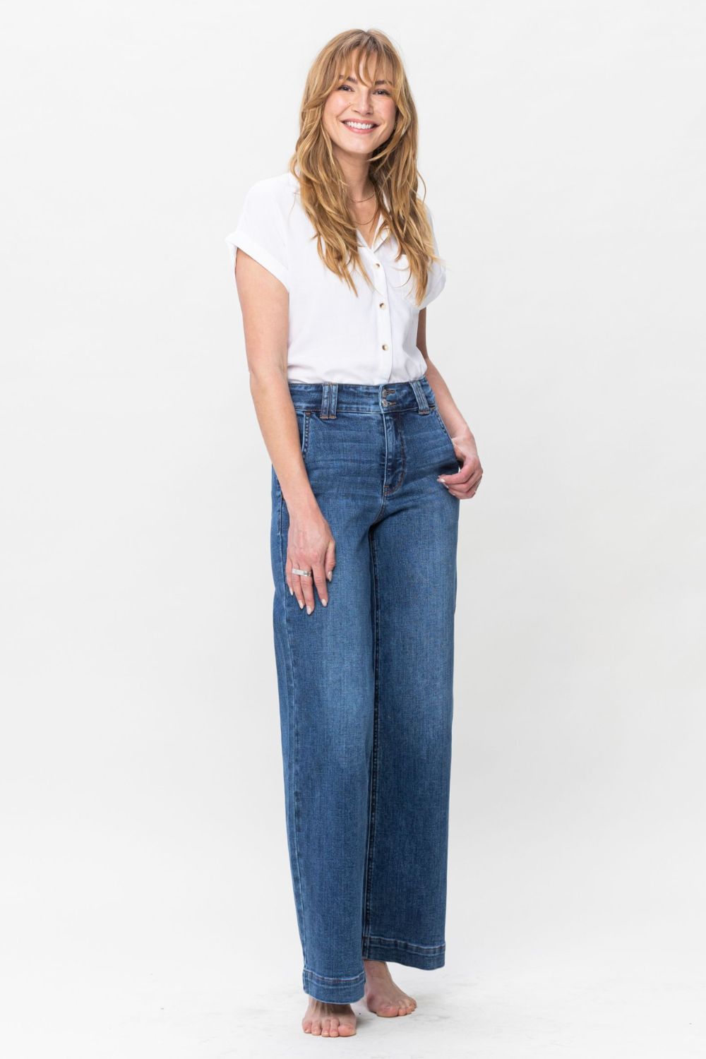 Judy trendy Blue Full Size Double Button Wide Leg Jeans