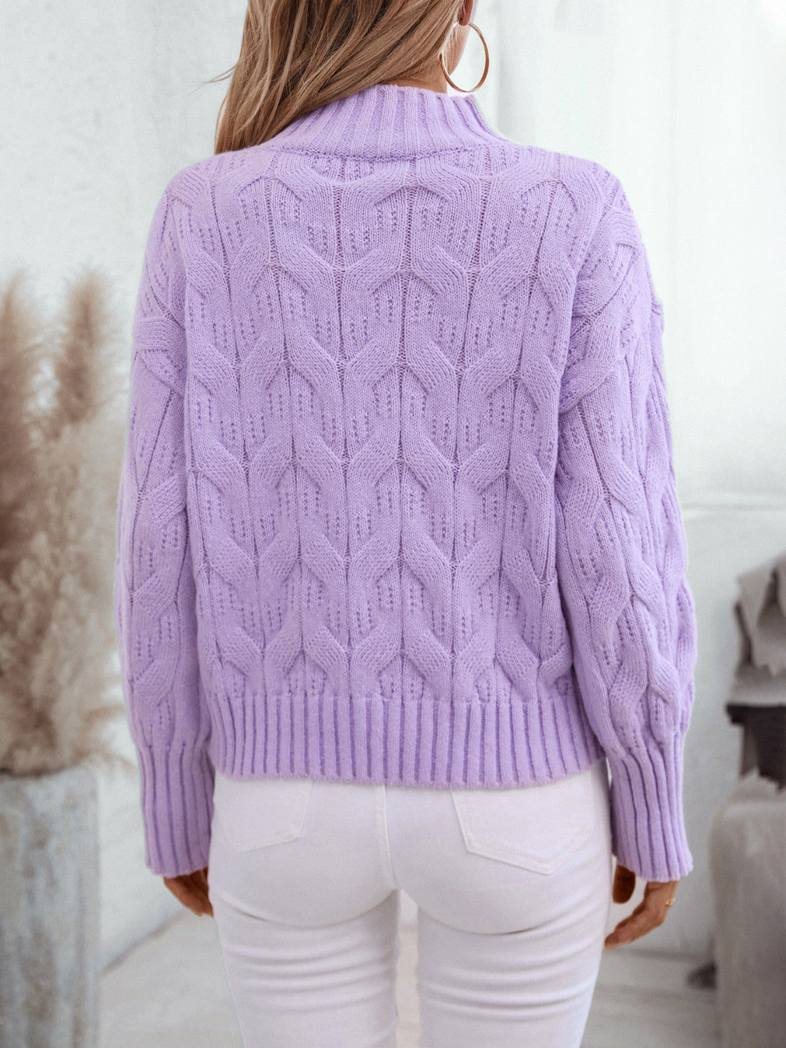 Cable Knit Mock Neck Long Sleeve Sweater jean