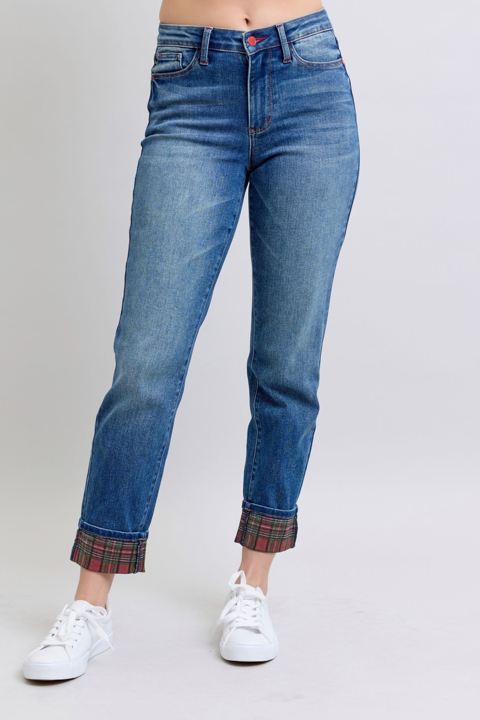 Judy Blue trendyFull Size Plaid Print Cuff Straight Leg Jeans with Pockets