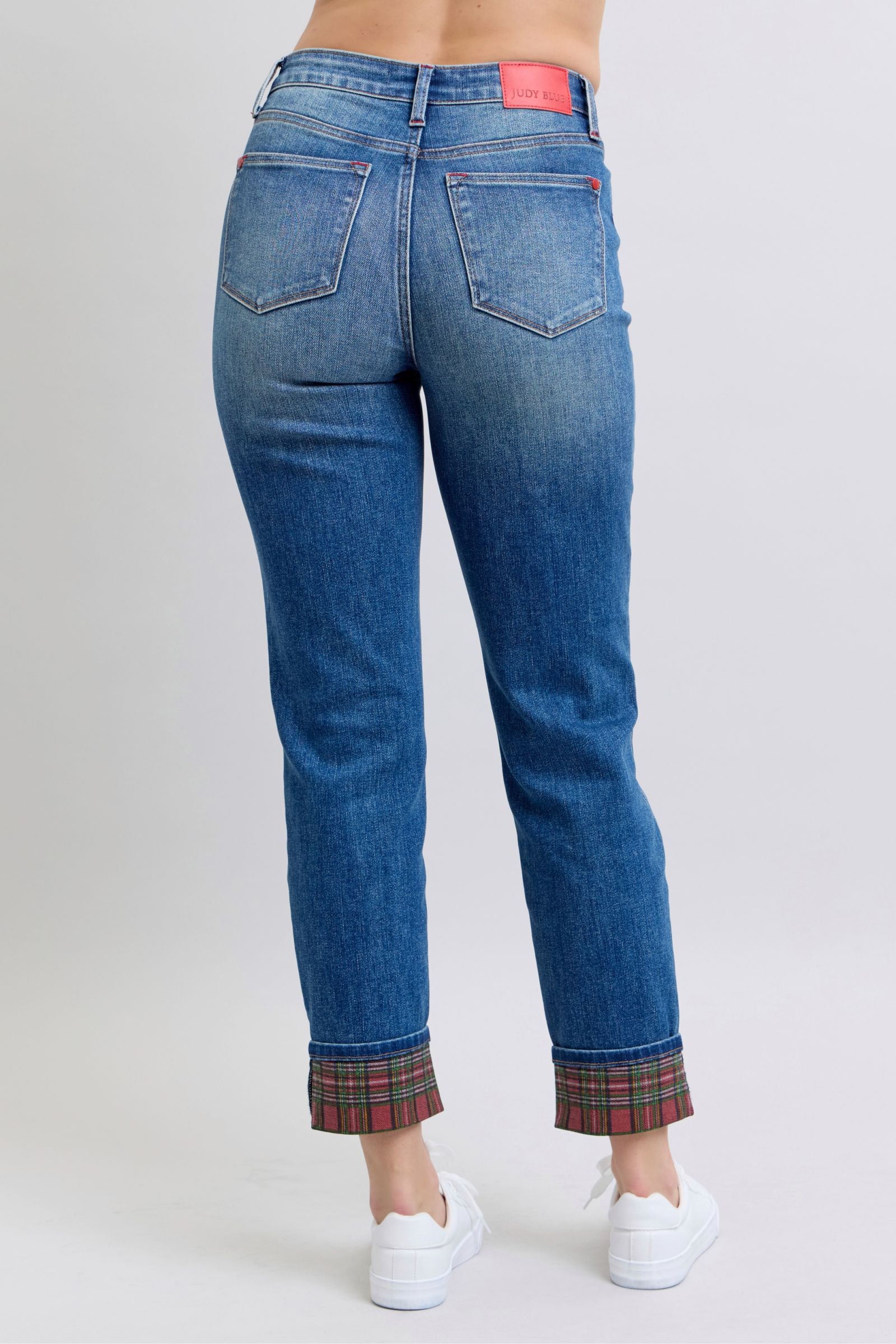 Judy Blue trendyFull Size Plaid Print Cuff Straight Leg Jeans with Pockets