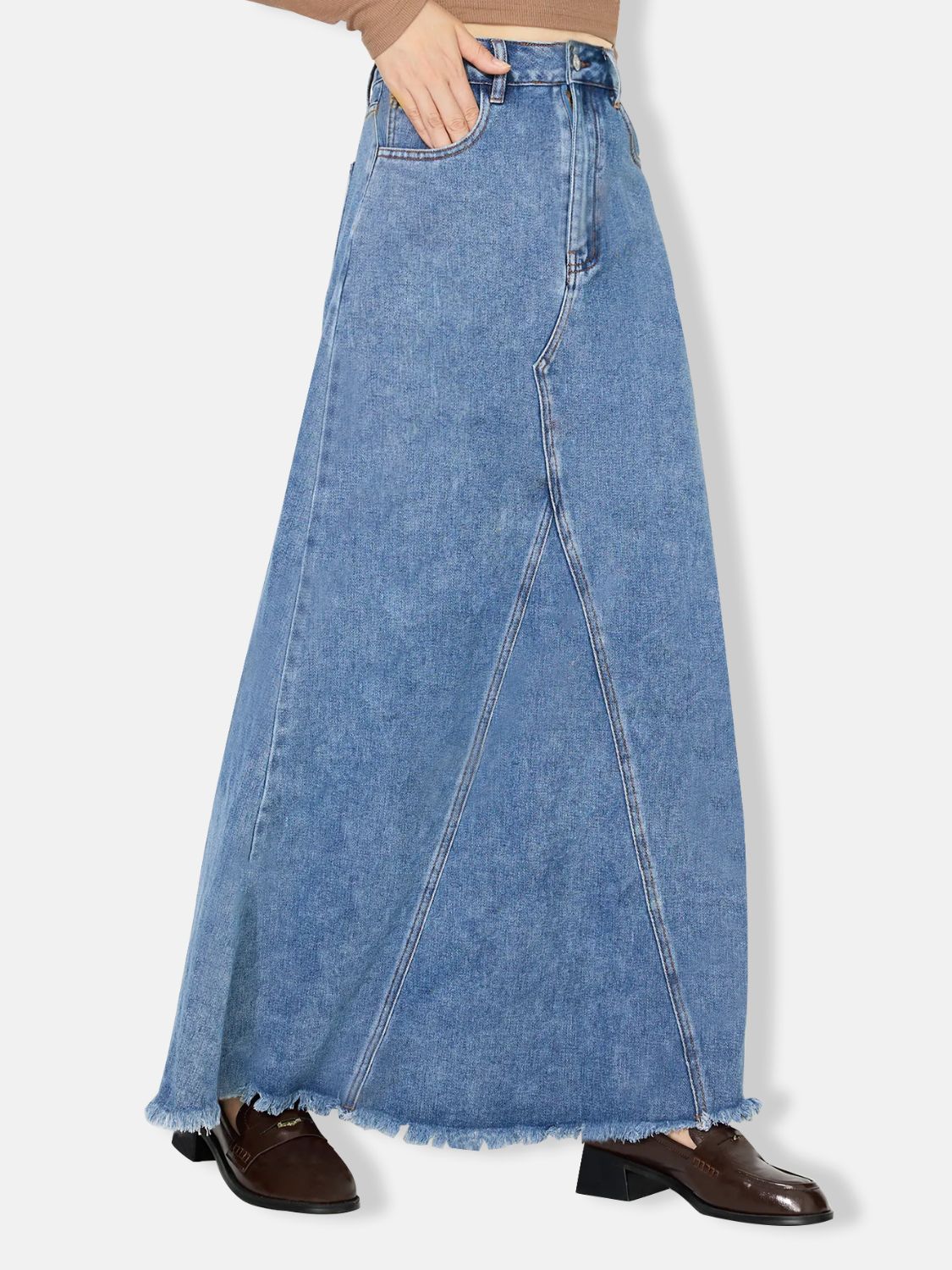 Raw Hem Maxi Denim Skirt jean