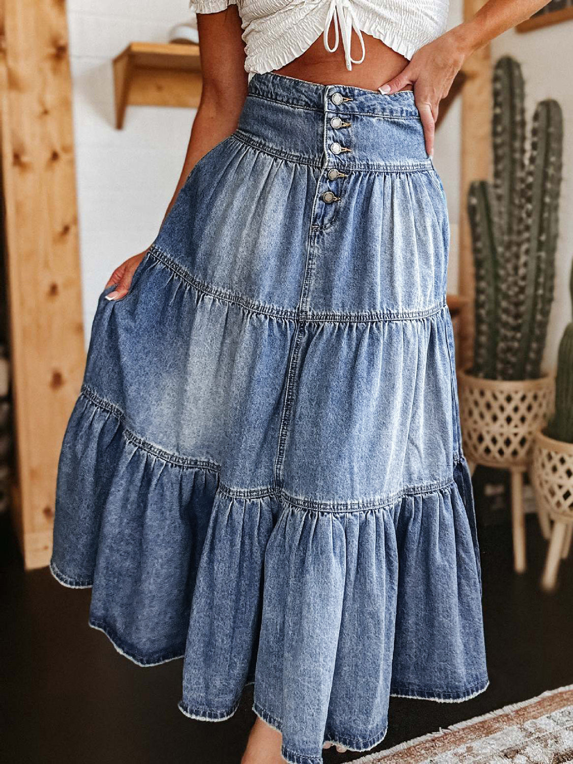 Tiered Button-Fly Denim Skirt jean