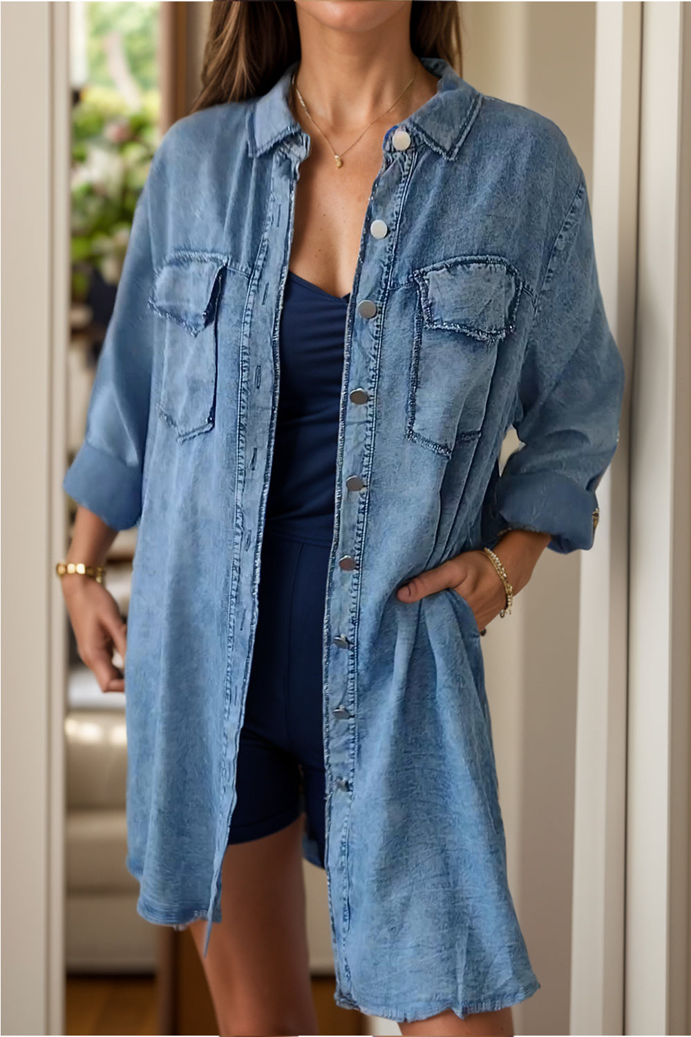 Full Size Fashionable Front-Pocketed Button-Up Denim Jacket