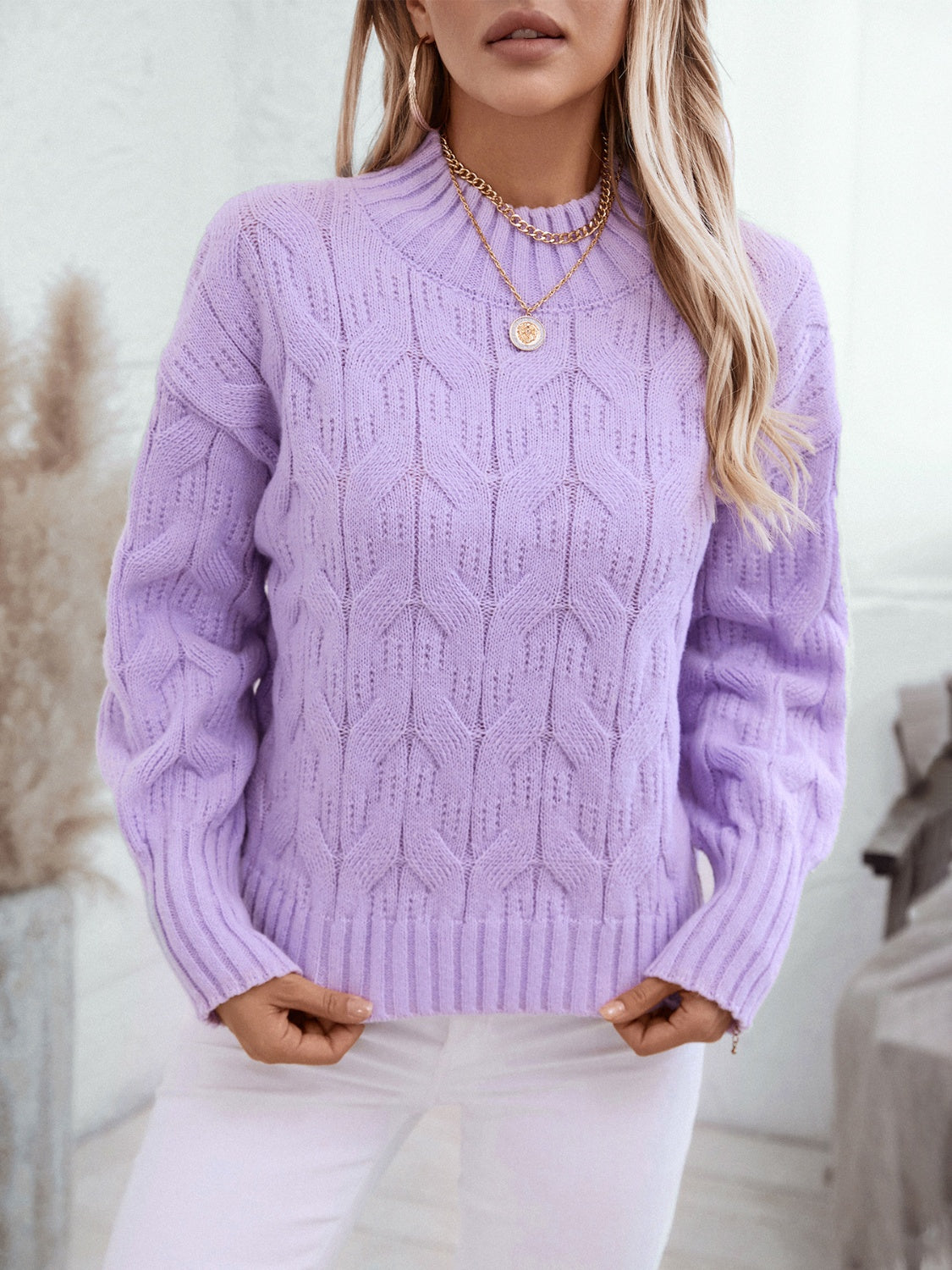 Cable Knit Mock Neck Long Sleeve Sweater jean