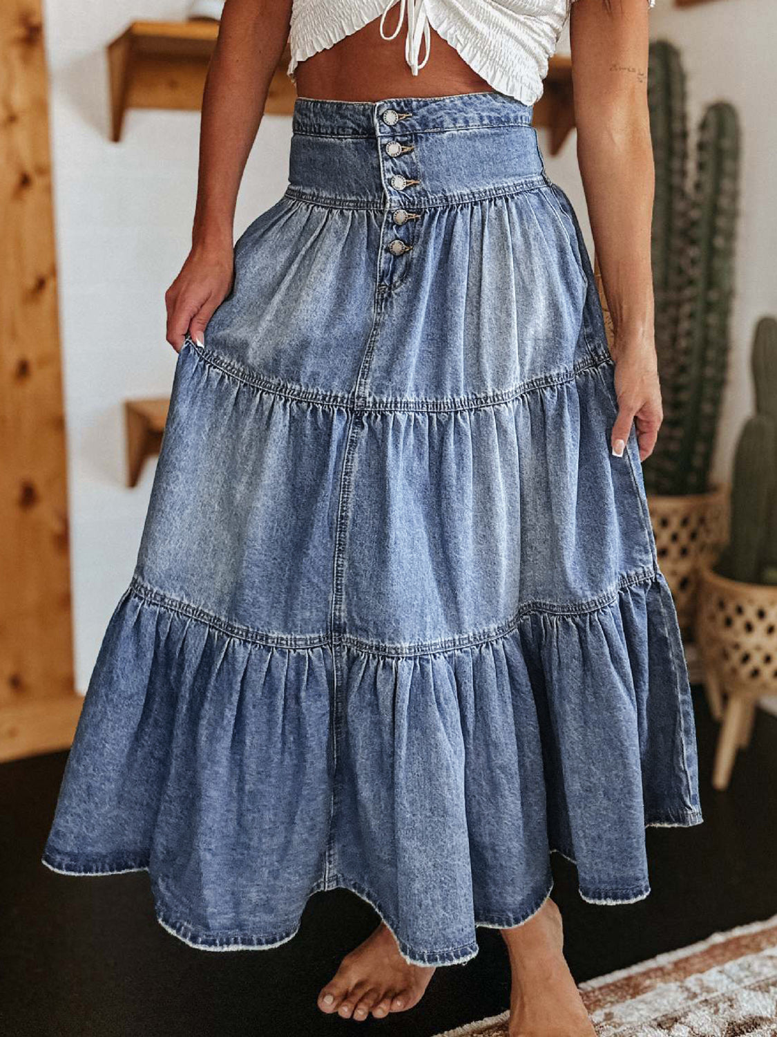 Tiered Button-Fly Denim Skirt jean