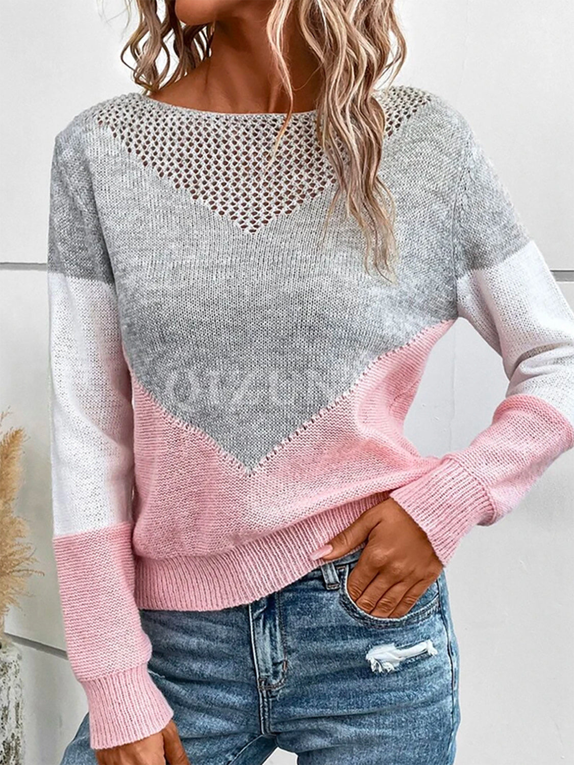 Openwork Trimmed Layered Look: Lovely Notched Three-Quarter Sleeve Blouse