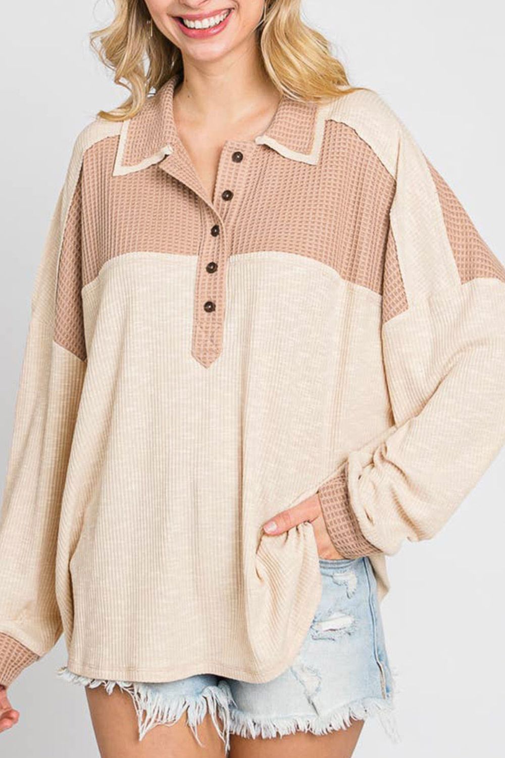 Waffle-Knit trendy Colour Block Half Button Long Sleeve Top