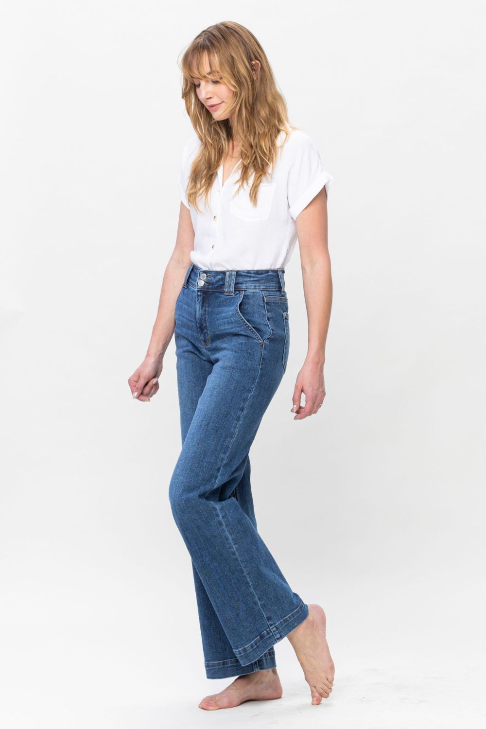 Judy trendy Blue Full Size Double Button Wide Leg Jeans