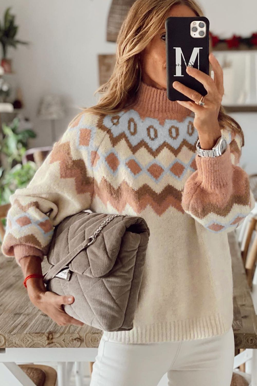 Geometric Glam Mock Neck Long Sleeve Sweater