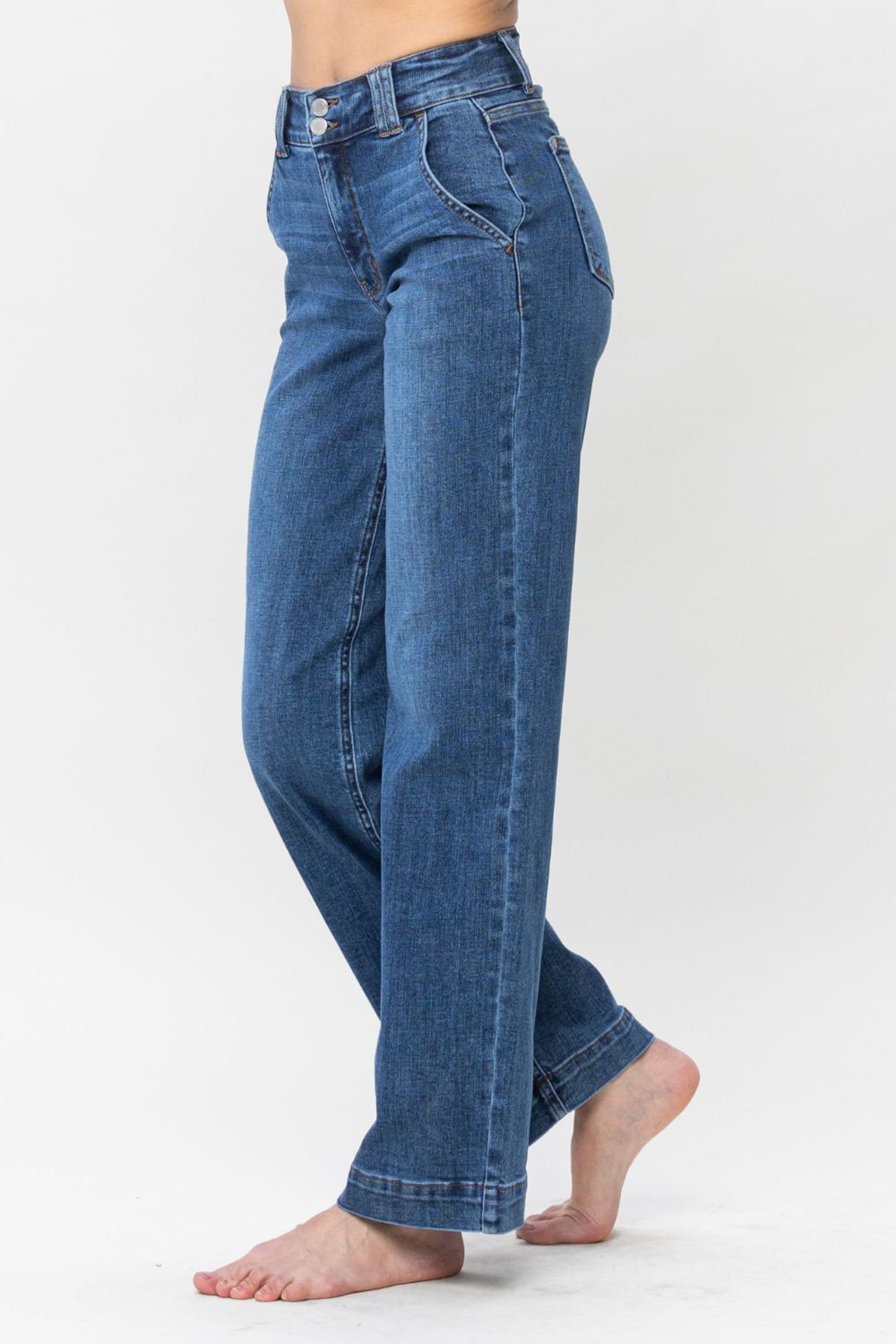 Judy trendy Blue Full Size Double Button Wide Leg Jeans