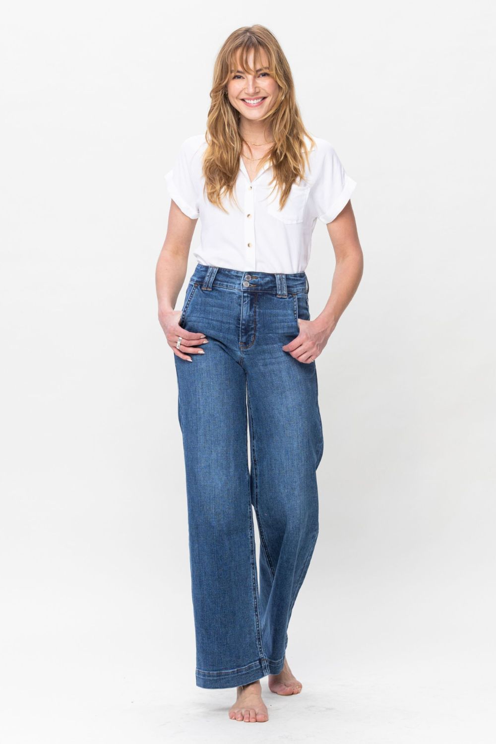 Judy trendy Blue Full Size Double Button Wide Leg Jeans