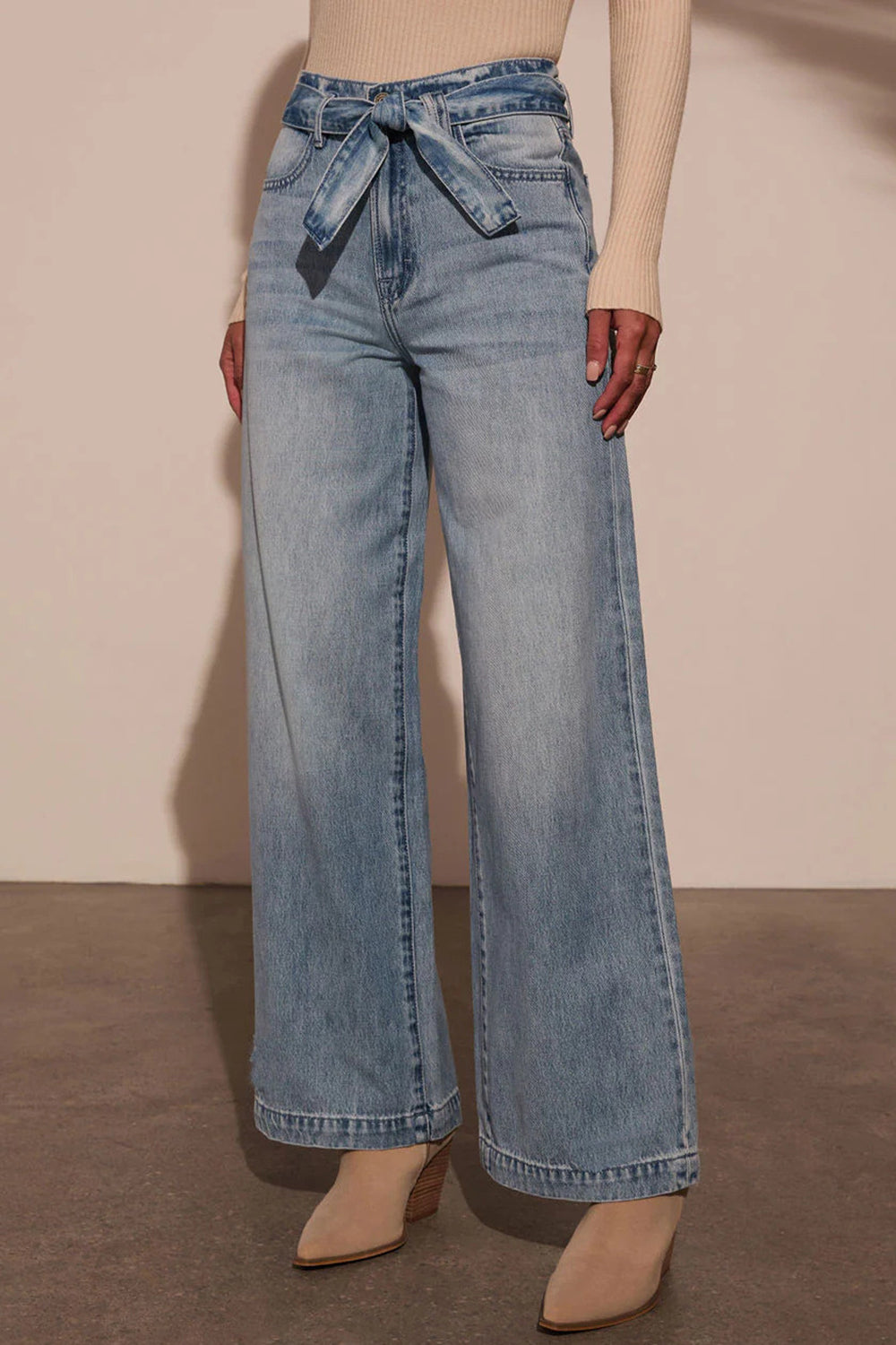 Tied Wide Leg Jeans with Pockets denim