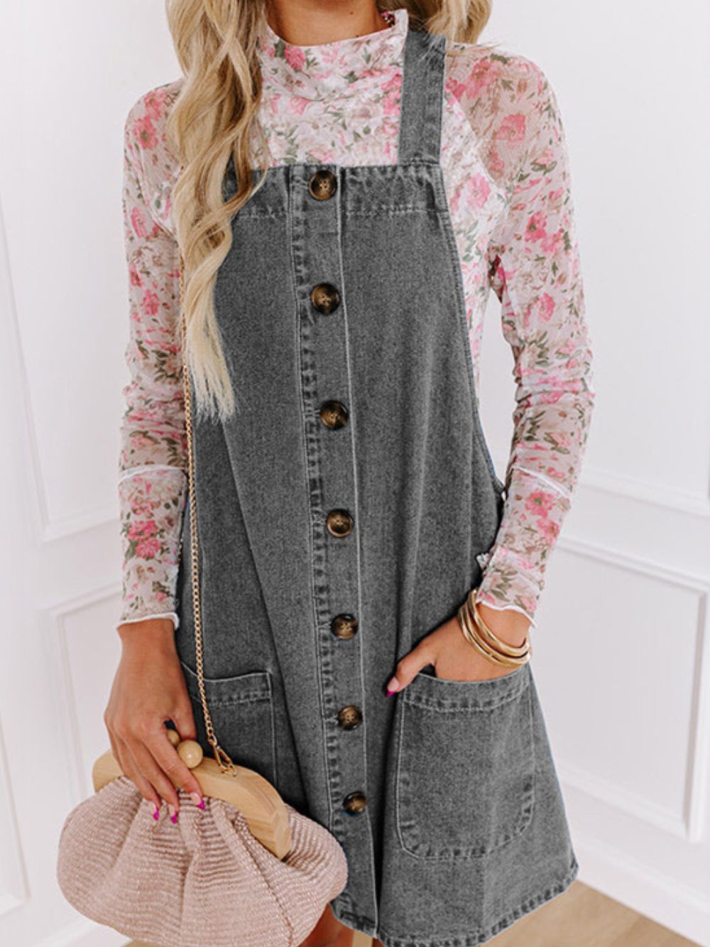 Wide Strap Button trendy Down Denim Overall Dress