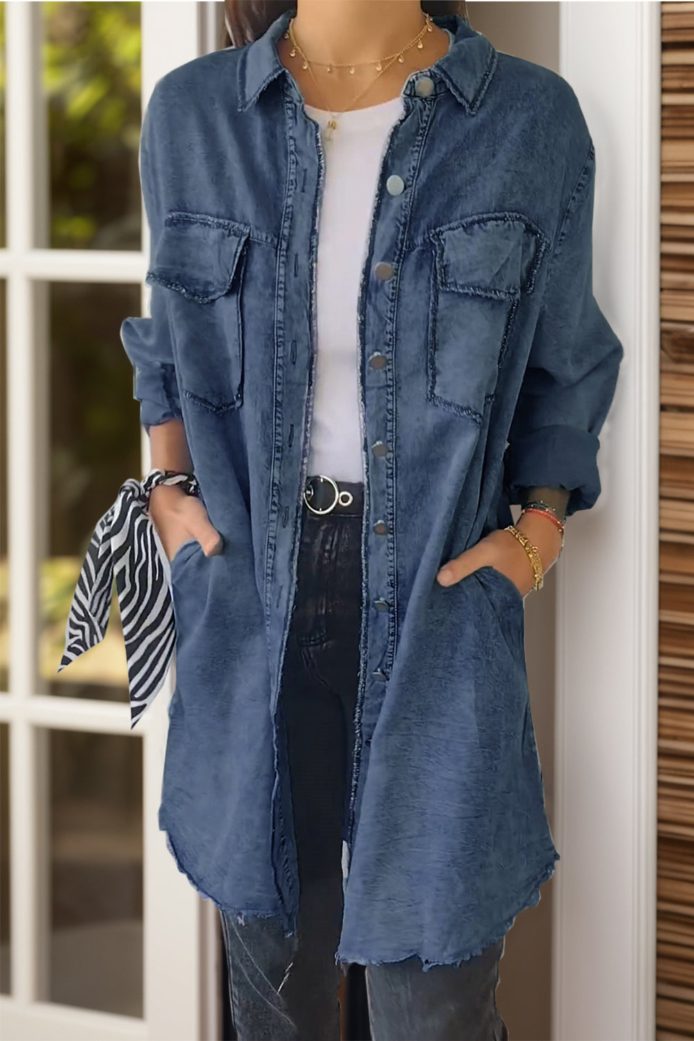 Full Size Fashionable Front-Pocketed Button-Up Denim Jacket