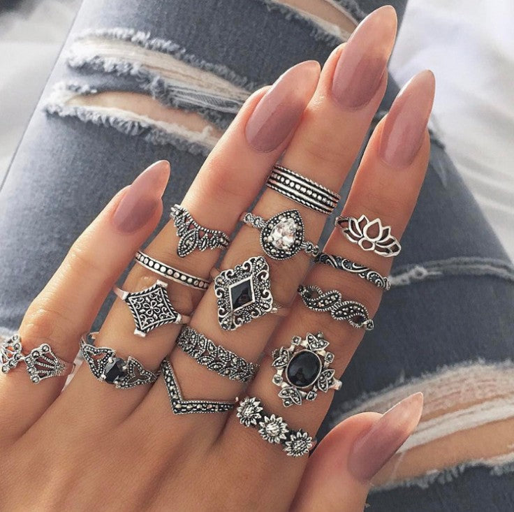 Vintage Alloy Ring Set - Boho Chic Knuckle Rings for Women & Girls