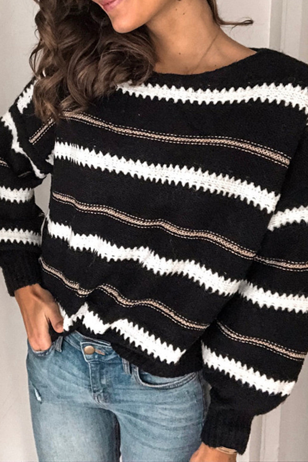 Contrast Striped Round Neck Long Sleeve Sweater