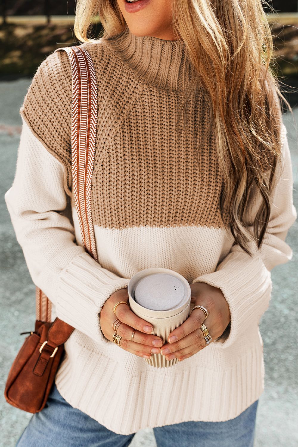 Stylish Slit Color Block Turtleneck Sweater