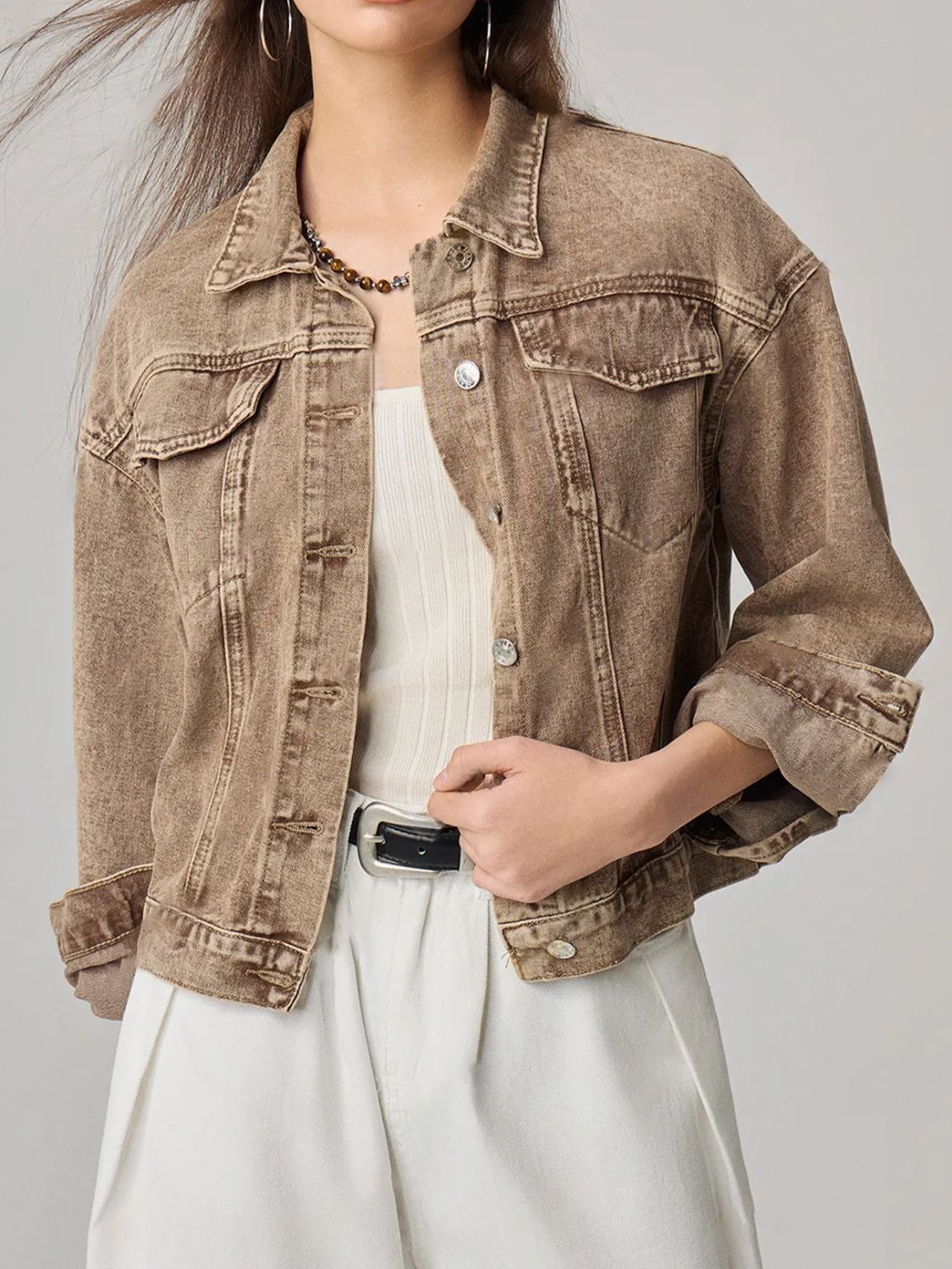 Pocketed Fashionable Front-Pocketed Button-Up Denim Jacket