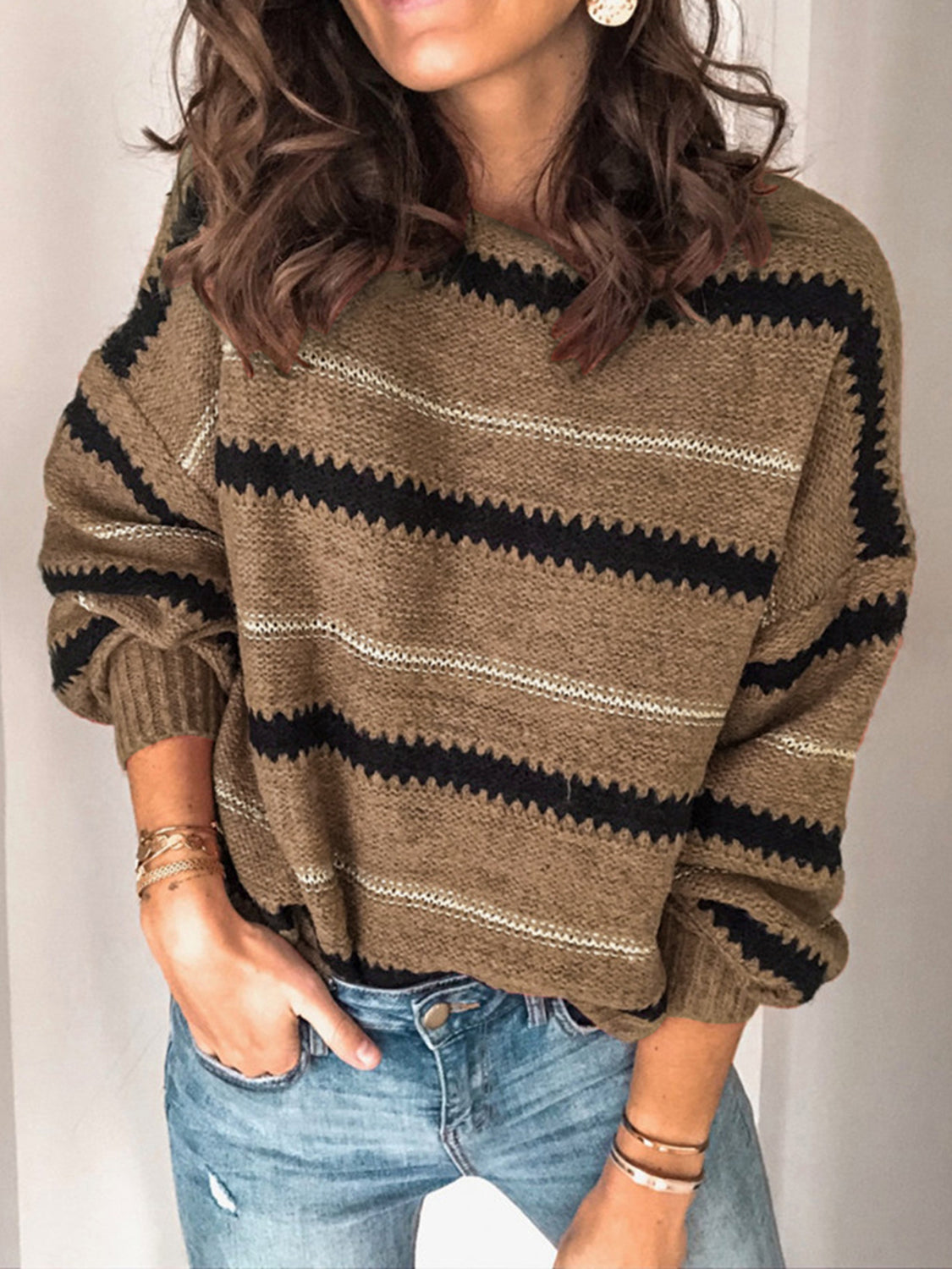 Contrast Striped Round Neck Long Sleeve Sweater