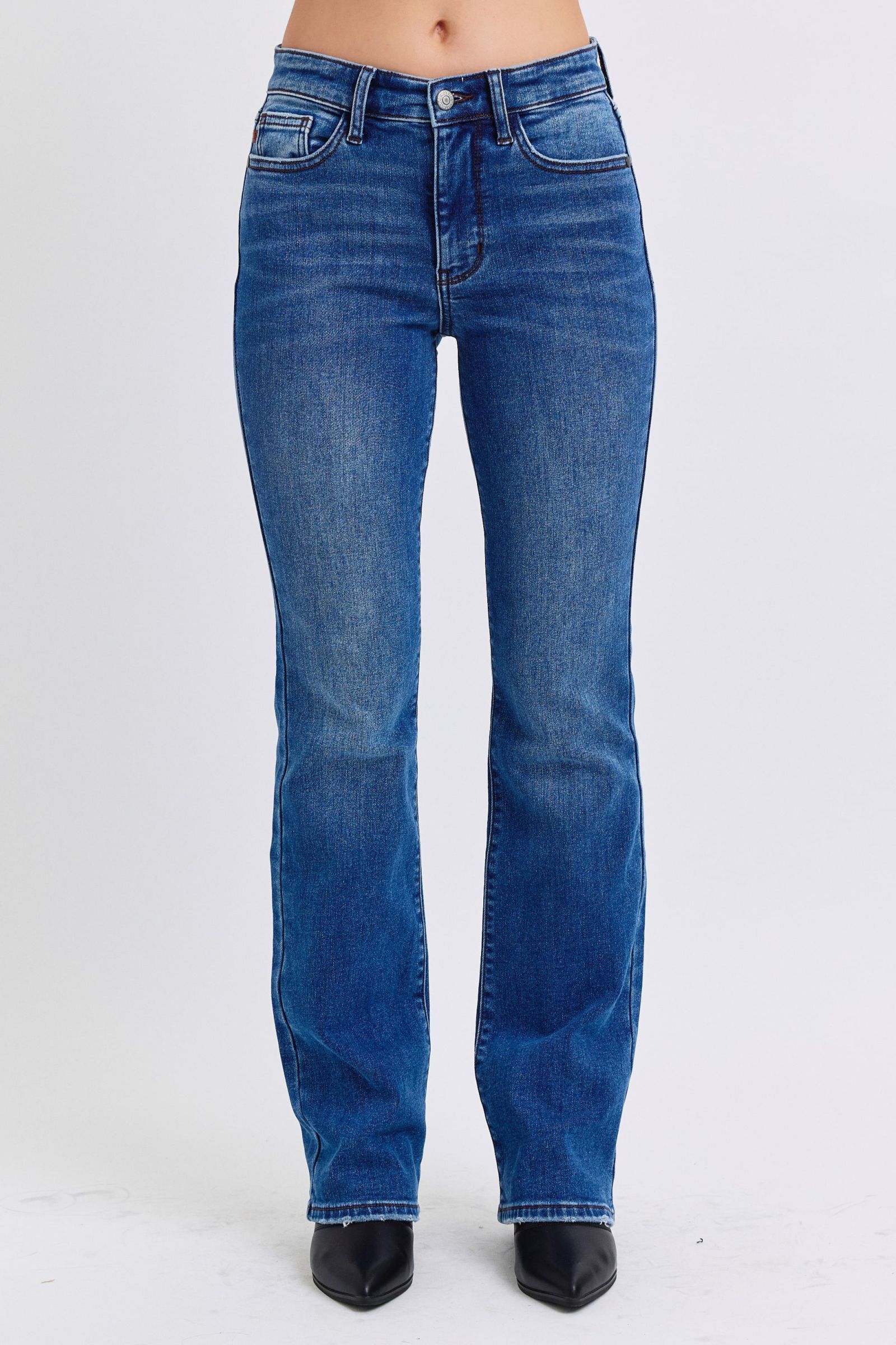 Judy trendy Blue Full Size Run Mid-Rise Bootcut Jeans with Thermal Lining