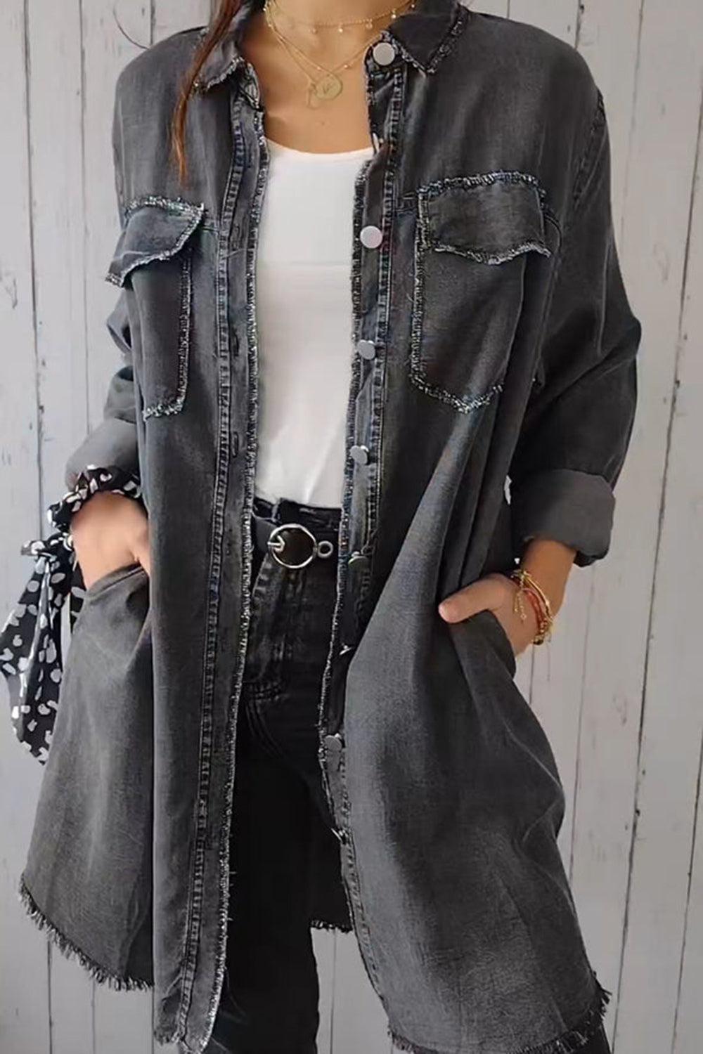 Full Size Fashionable Front-Pocketed Button-Up Denim Jacket