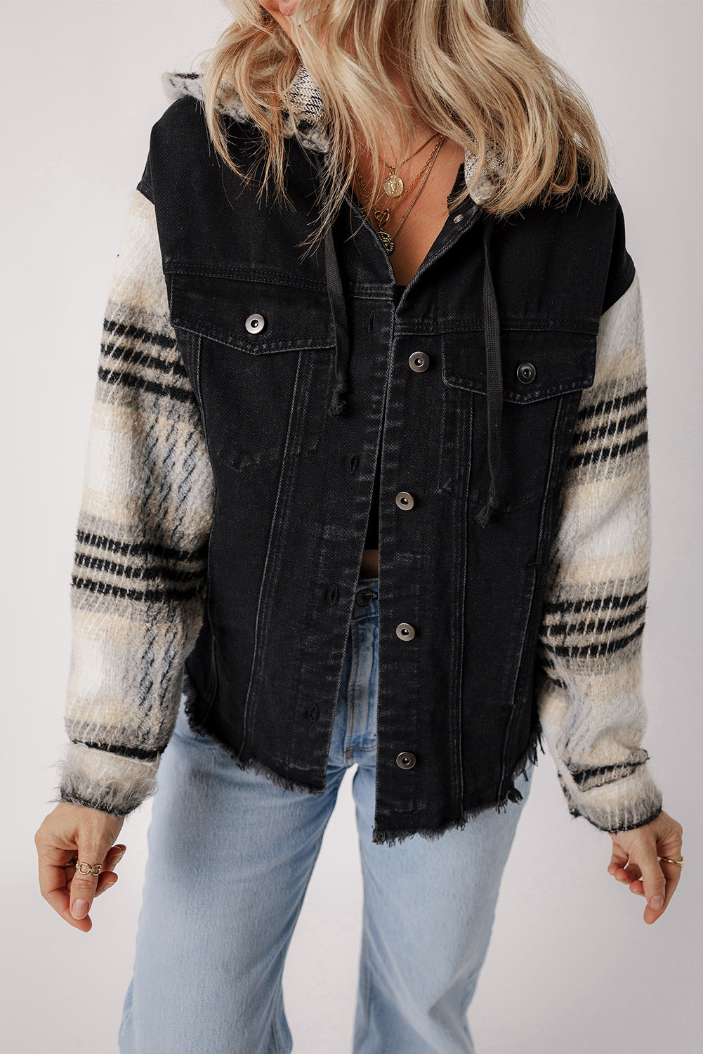 Raw Hem trendy Drawstring Hooded Denim Jacket