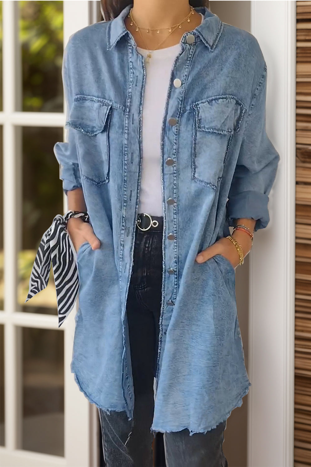 Full Size Fashionable Front-Pocketed Button-Up Denim Jacket